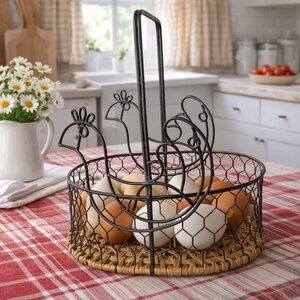 Vintage Farmhouse Chicken Wire Basket with Wicker Base – Rustic Country Rooster